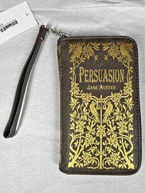 Jane Austen Persuasion Book Wallet Wristlet Clutch Booktok Brown & Gold 7"x4"